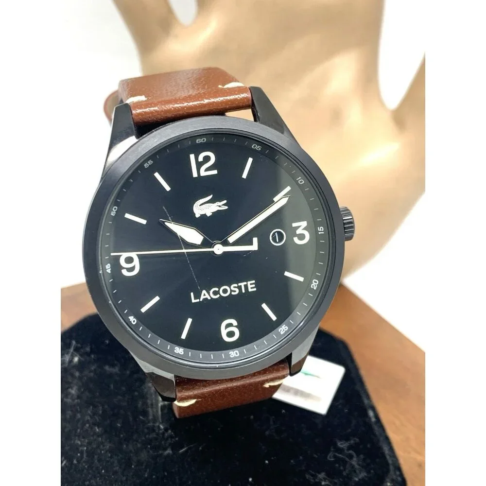 Lacoste Men's Watch 2011106 Traveler Quartz Black Dial Brown Leather Band 43mm